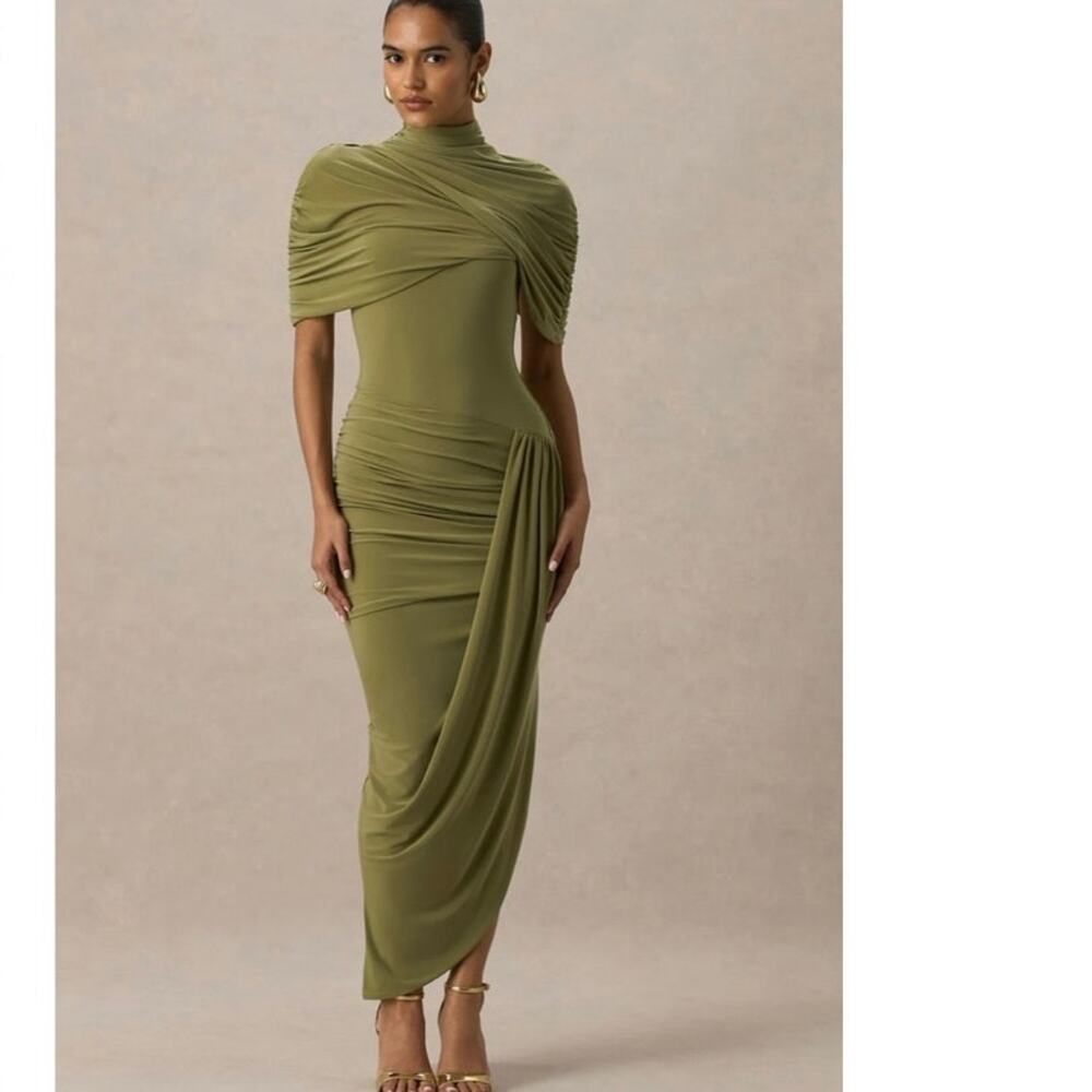 Club L London ENCHANT Olive Asymmetric Twisted Cape Midi Dress size 12 NWT